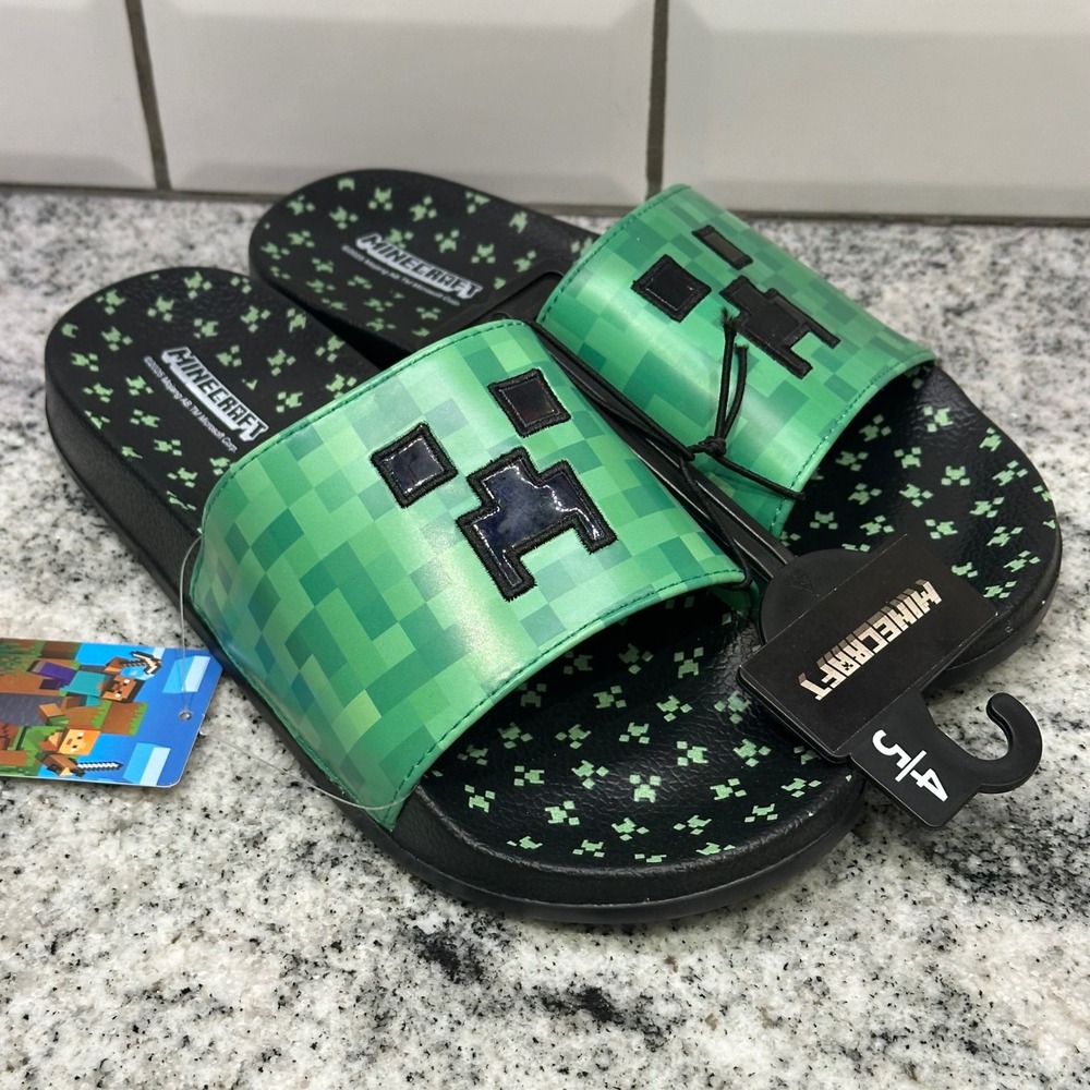 Kids 4-5 Minecraft Creeper Slides Sandals Green unique Christmas gift‎ slip on
